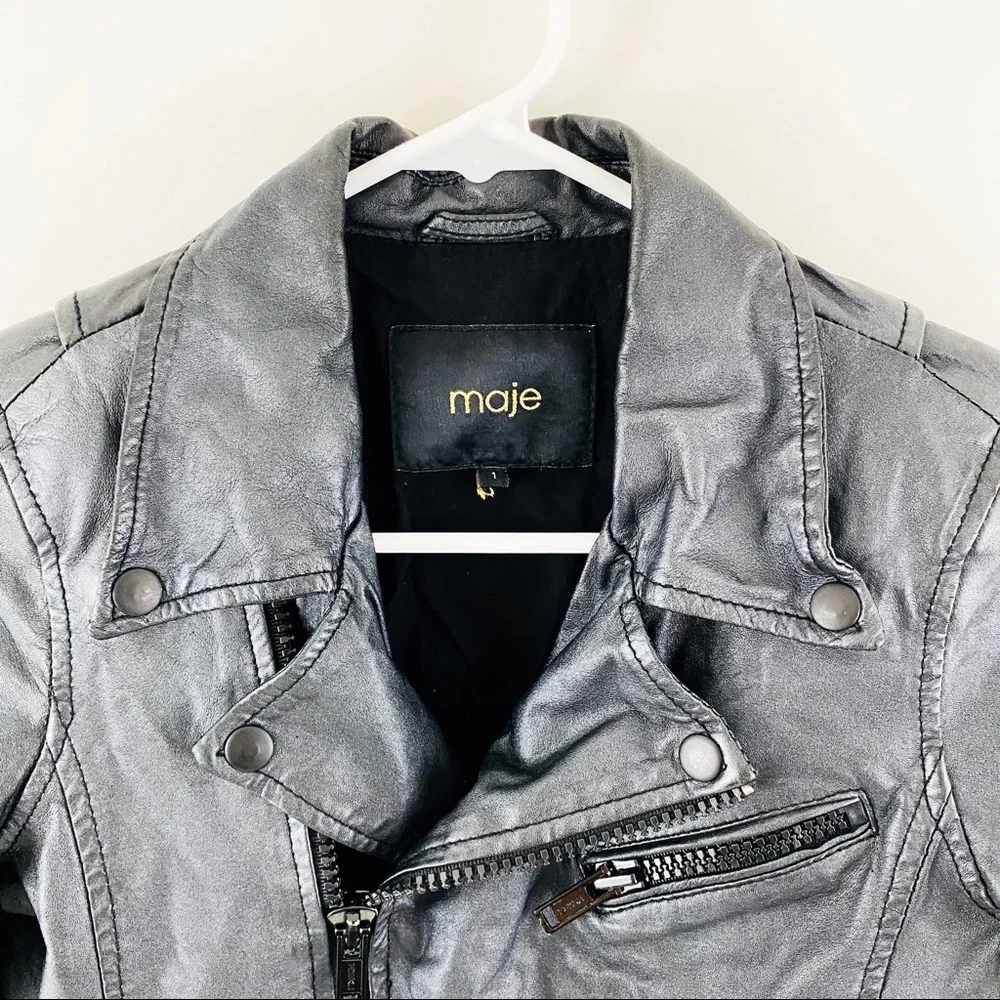 Maje Graphite Leather Blouson Zipper Moto Jacket - Picture 7 of 10